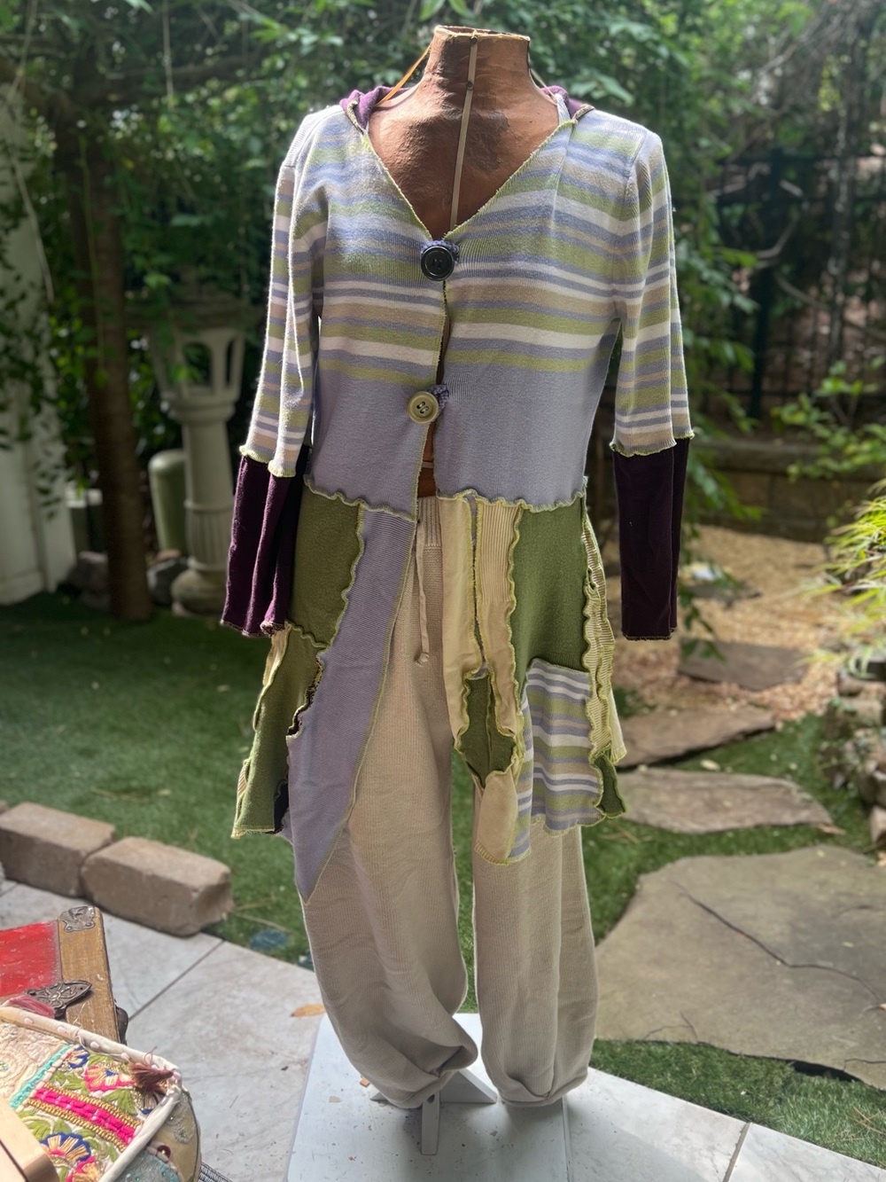 Patchwork Hooded Two-Piece Jogger Set - Lavender & Olive